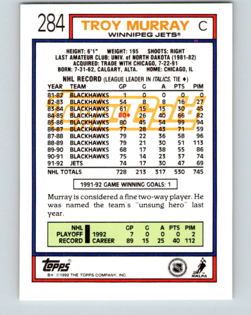 1992-93 Topps Gold #284G Troy Murray Mint Winnipeg Jets