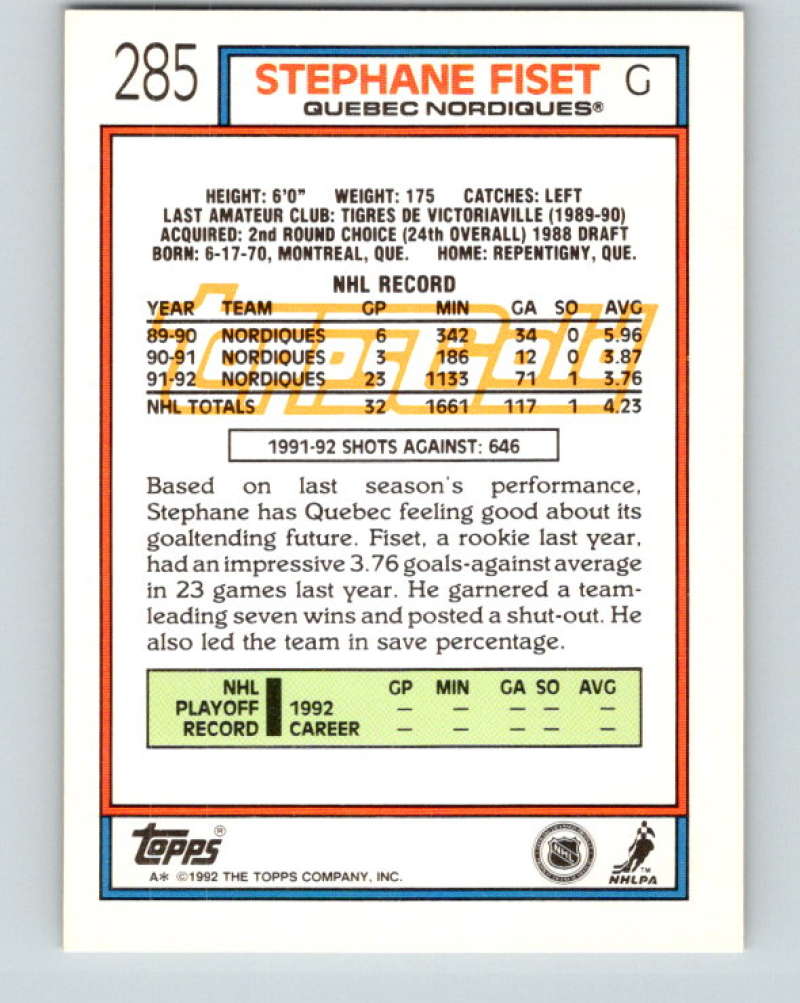 1992-93 Topps Gold #285G Stephane Fiset Mint Quebec Nordiques