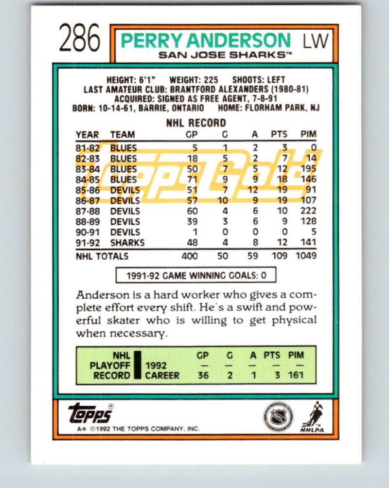 1992-93 Topps Gold #286G Perry Anderson Mint San Jose Sharks Image 2