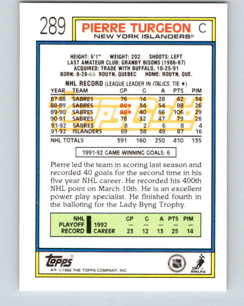 1992-93 Topps Gold #289G Pierre Turgeon Mint New York Islanders