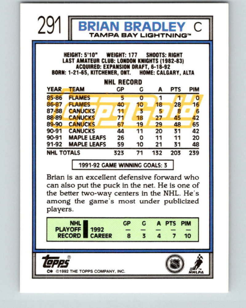 1992-93 Topps Gold #291G Brian Bradley Mint Tampa Bay Lightning