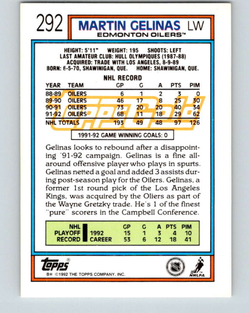 1992-93 Topps Gold #292G Martin Gelinas UER Mint Edmonton Oilers Image 2
