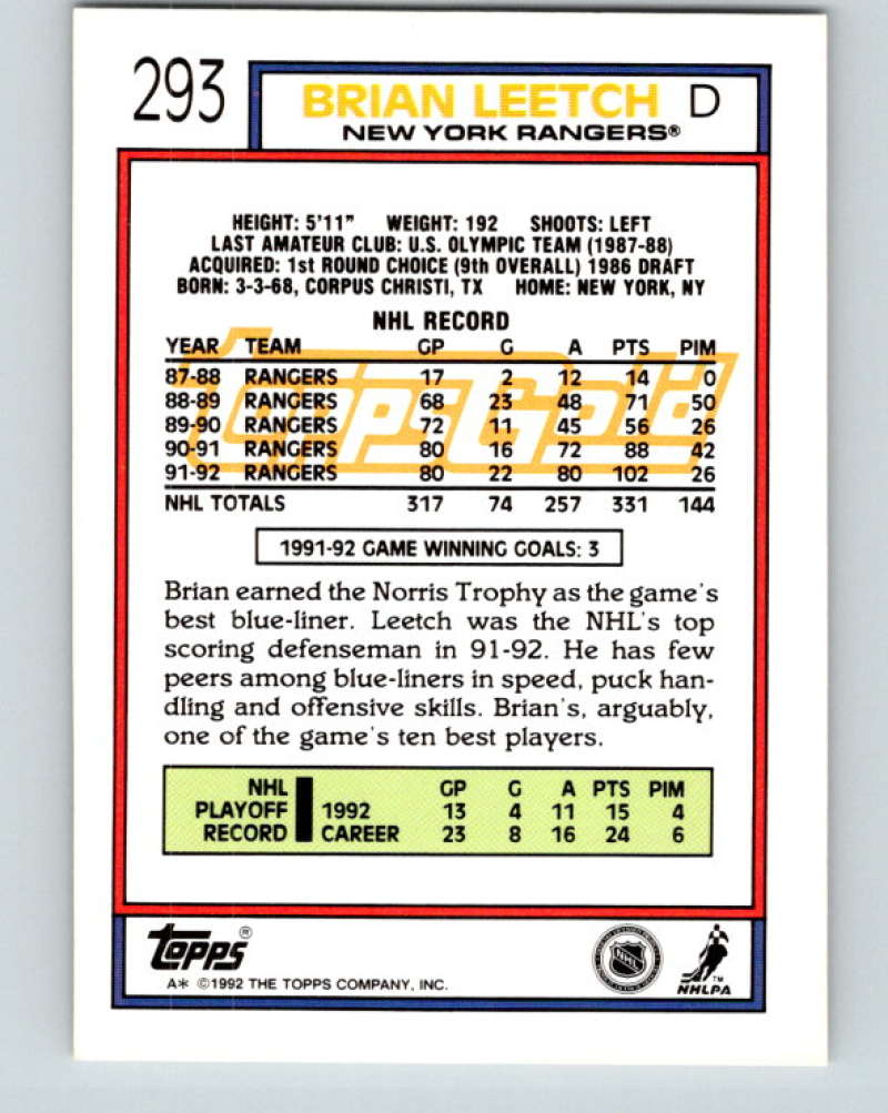 1992-93 Topps Gold #293G Brian Leetch Mint New York Rangers