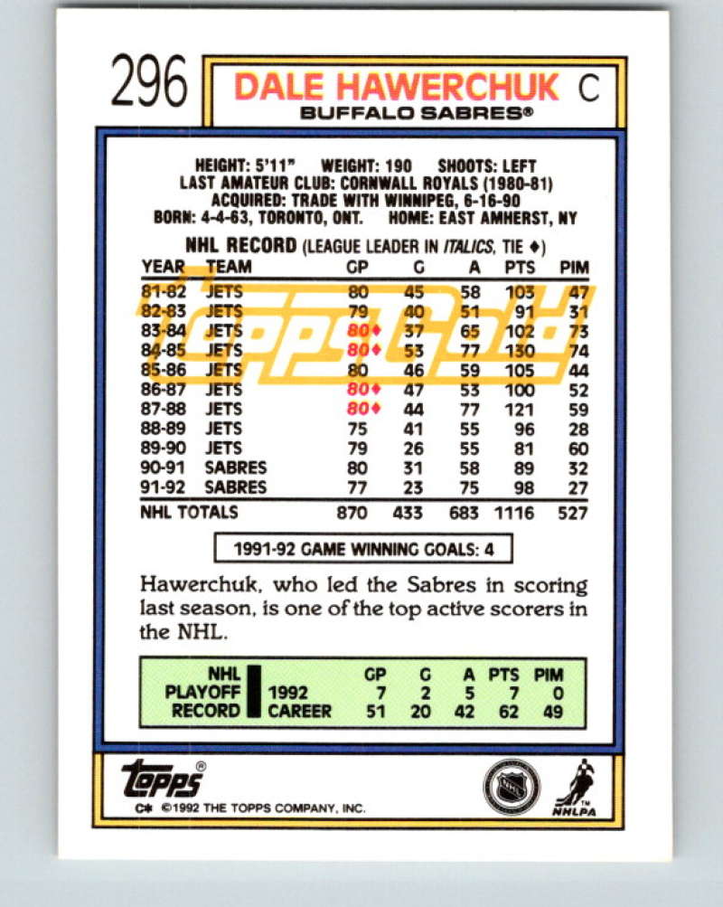 1992-93 Topps Gold #296G Dale Hawerchuk Mint Buffalo Sabres