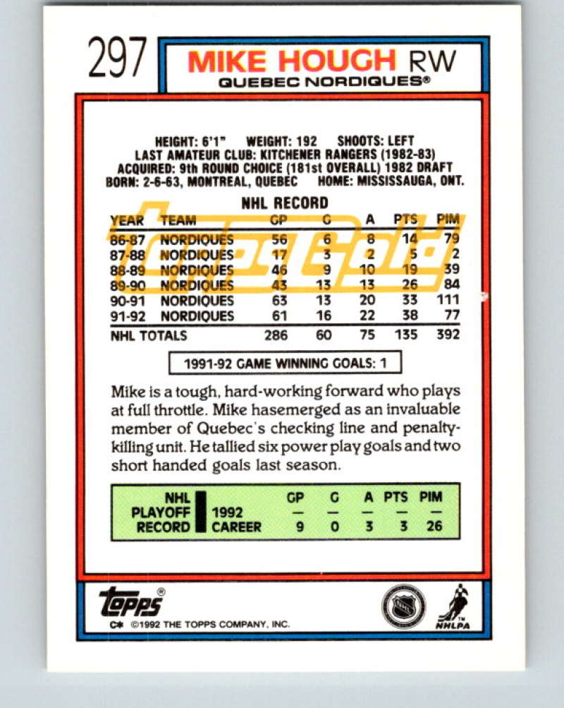 1992-93 Topps Gold #297G Mike Hough Mint Quebec Nordiques