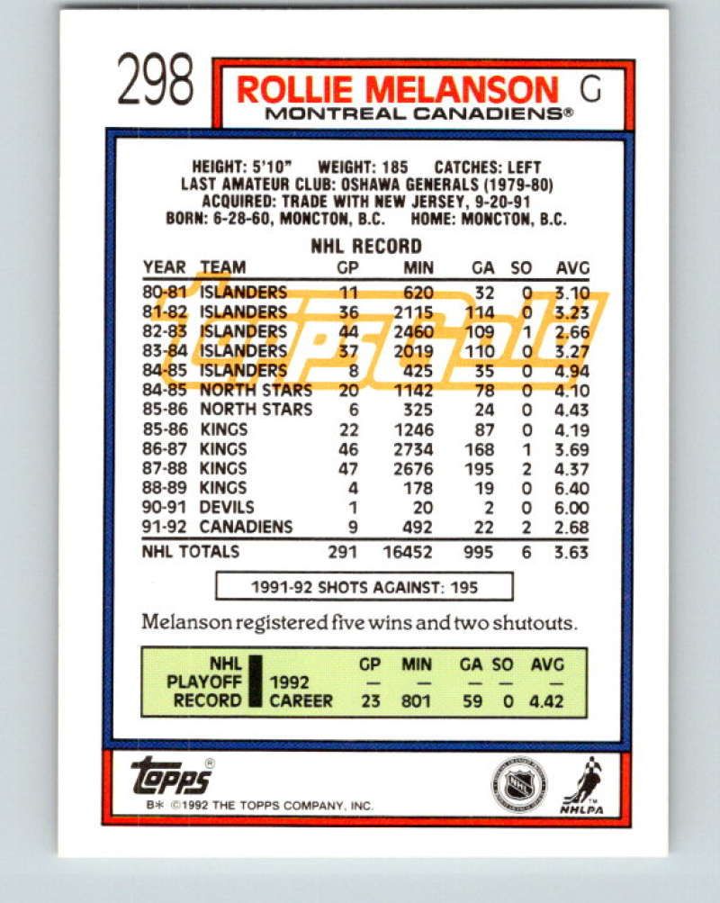 1992-93 Topps Gold #298G Rollie Melanson Mint Montreal Canadiens