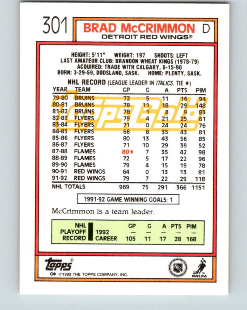 1992-93 Topps Gold #301G Brad McCrimmon Mint Detroit Red Wings Image 2