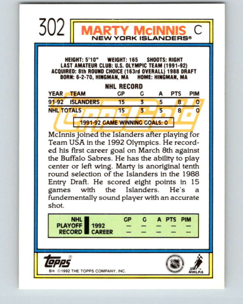 1992-93 Topps Gold #302G Marty McInnis Mint New York Islanders Image 2