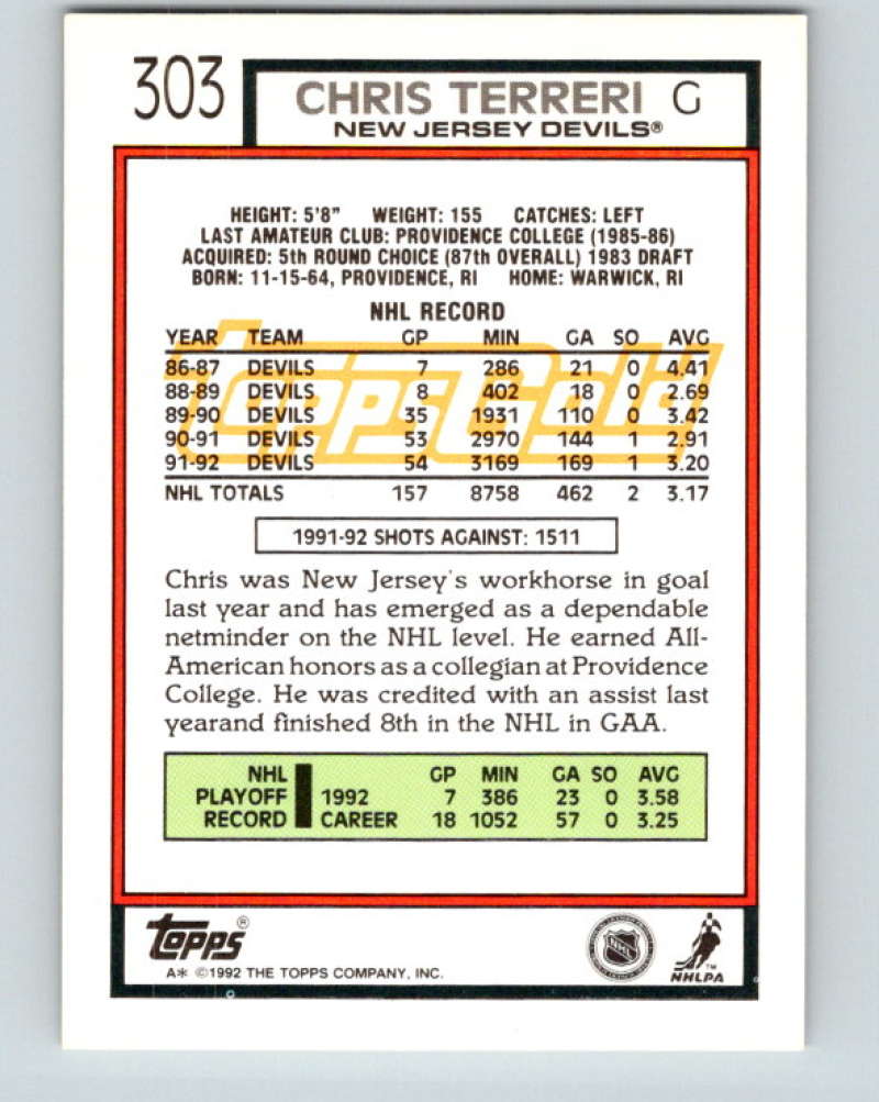 1992-93 Topps Gold #303G Chris Terreri Mint New Jersey Devils Image 2