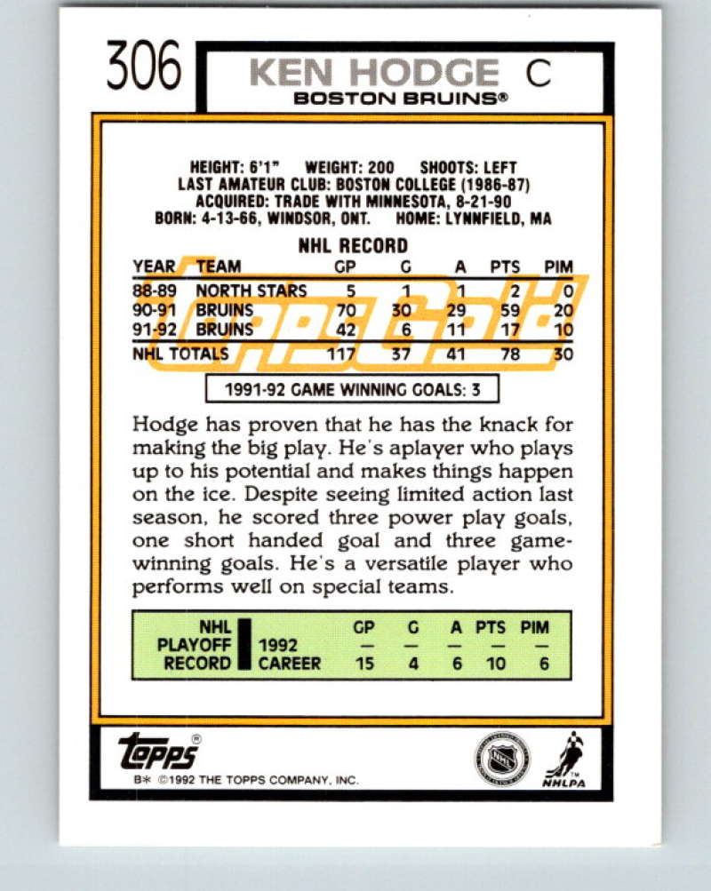 1992-93 Topps Gold #306G Ken Hodge Jr. Mint Boston Bruins Image 2