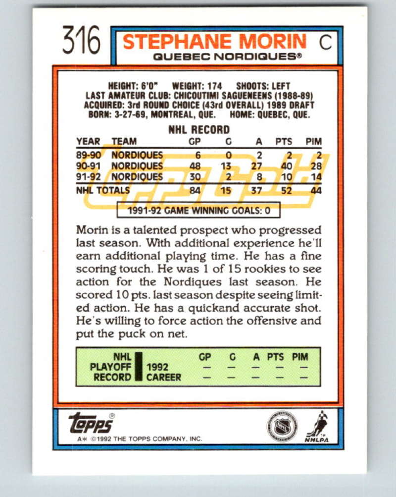 1992-93 Topps Gold #316G Stephane Morin Mint Quebec Nordiques Image 2
