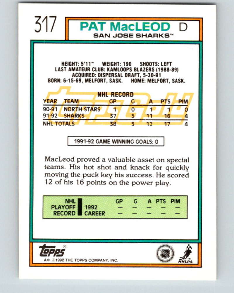 1992-93 Topps Gold #317G Pat MacLeod Mint San Jose Sharks Image 2