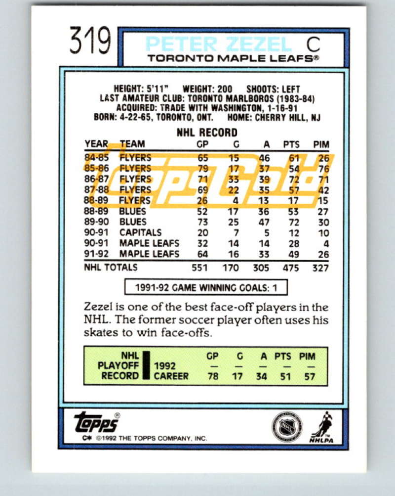 1992-93 Topps Gold #319G Peter Zezel Mint Toronto Maple Leafs