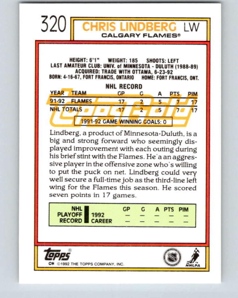 1992-93 Topps Gold #320G Chris Lindberg Mint Calgary Flames