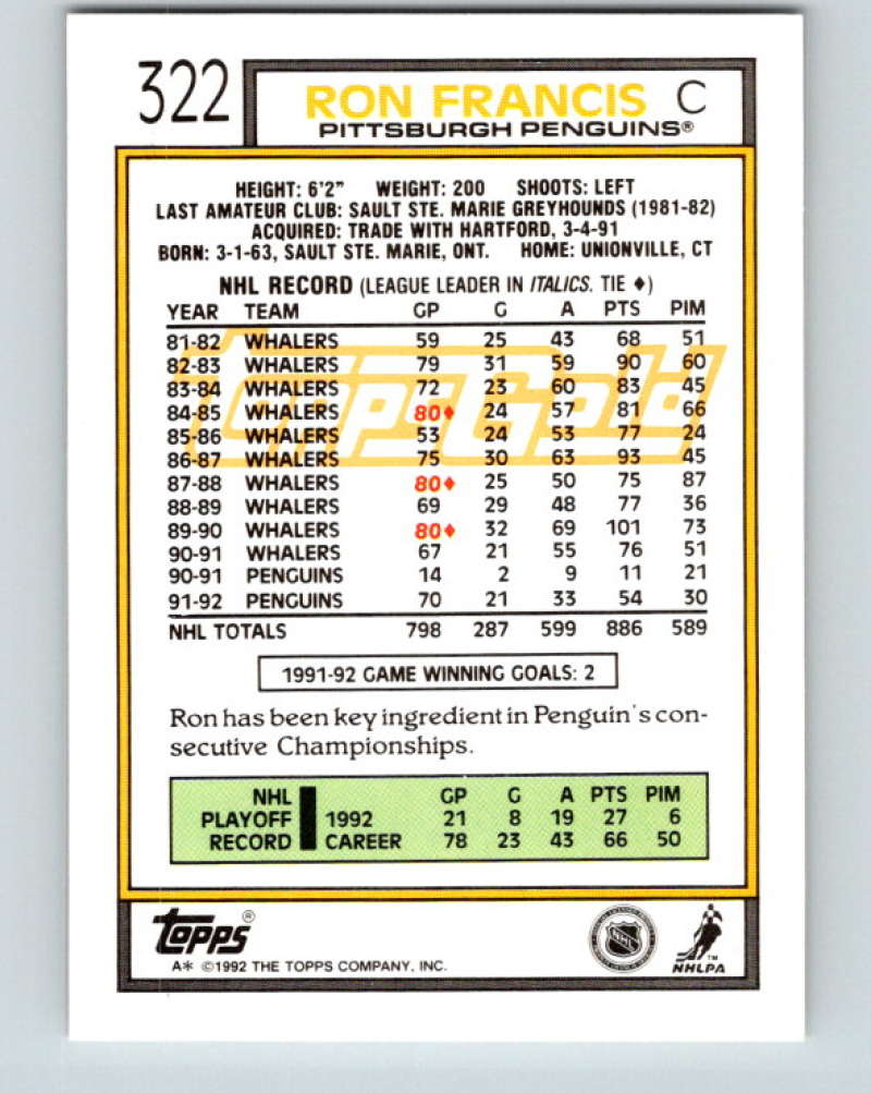 1992-93 Topps Gold #322G Ron Francis Mint Pittsburgh Penguins