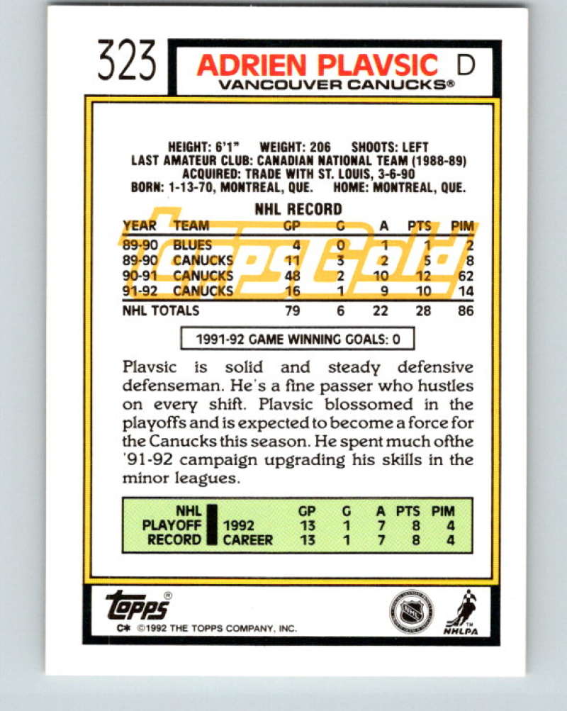 1992-93 Topps Gold #323G Adrien Plavsic Mint Vancouver Canucks