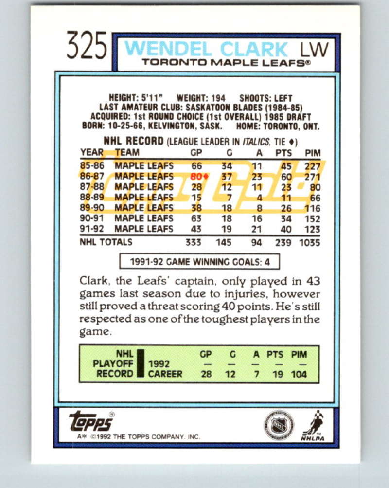 1992-93 Topps Gold #325G Wendel Clark Mint Toronto Maple Leafs