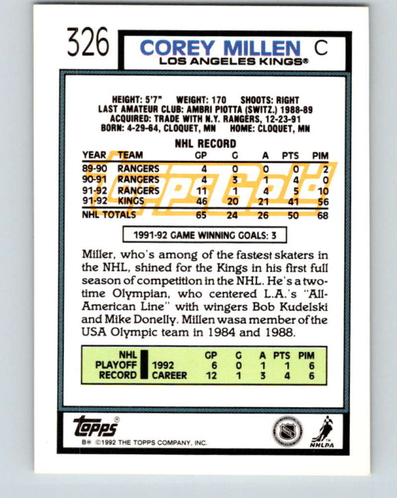 1992-93 Topps Gold #326G Corey Millen Mint Los Angeles Kings Image 2