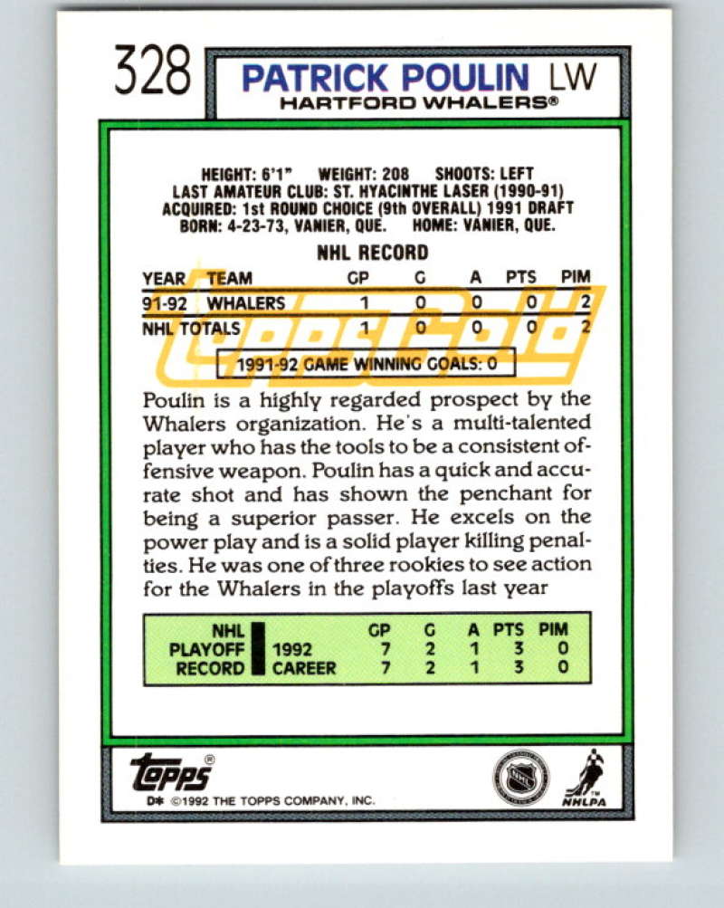 1992-93 Topps Gold #328G Patrick Poulin Mint Hartford Whalers