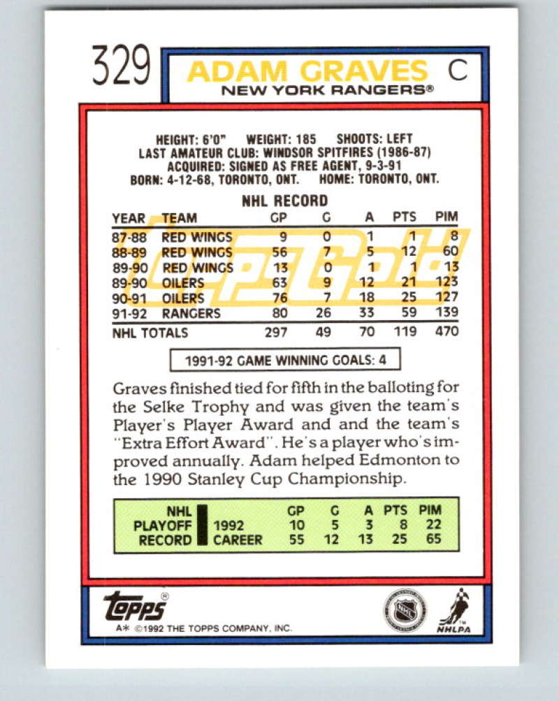 1992-93 Topps Gold #329G Adam Graves Mint New York Rangers Image 2