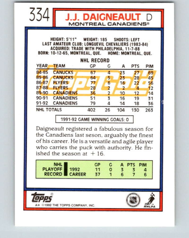 1992-93 Topps Gold #334G J.J. Daigneault Mint Montreal Canadiens