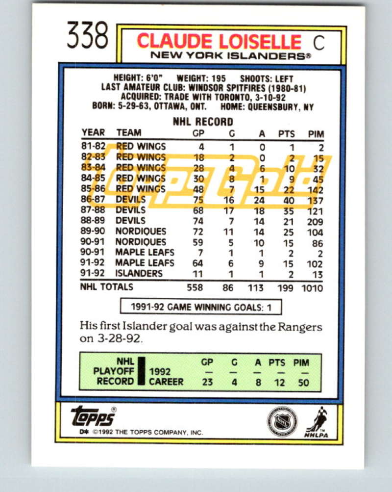 1992-93 Topps Gold #338G Claude Loiselle Mint New York Islanders