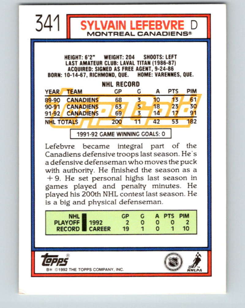 1992-93 Topps Gold #341G Sylvain Lefebvre Mint Montreal Canadiens Image 2