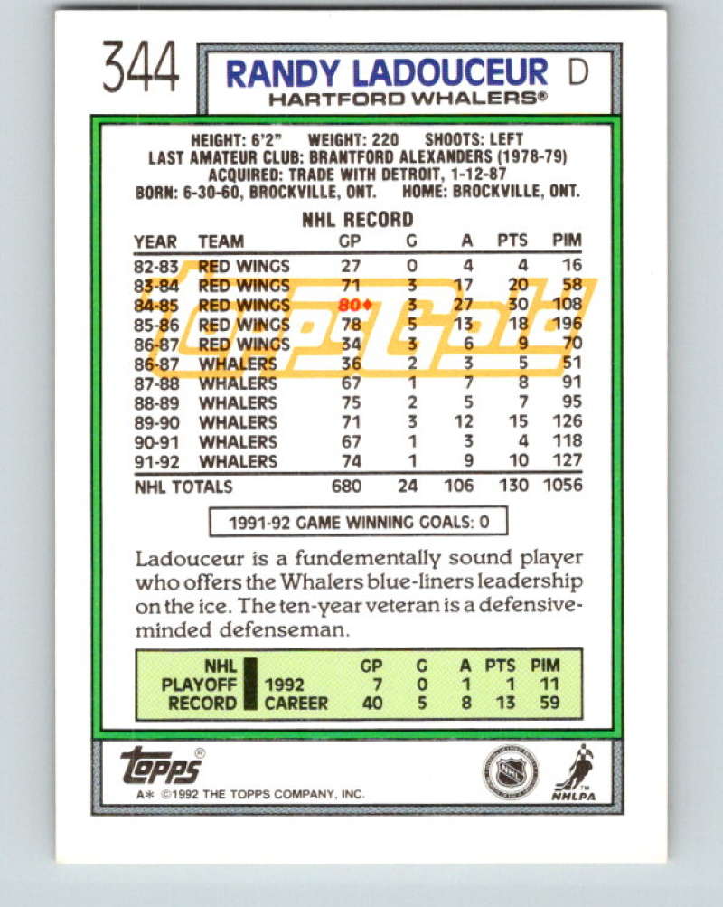 1992-93 Topps Gold #344G Randy Ladouceur Mint Hartford Whalers