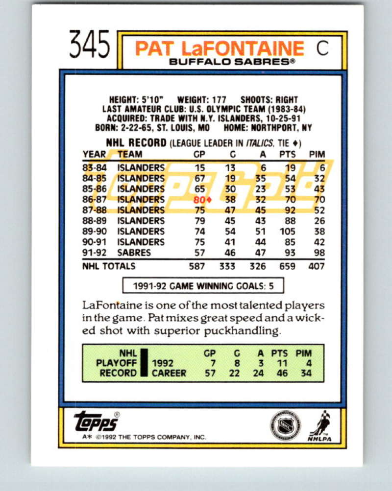 1992-93 Topps Gold #345G Pat LaFontaine Mint Buffalo Sabres