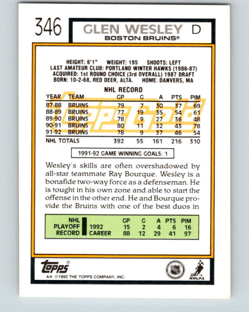 1992-93 Topps Gold #346G Glen Wesley Mint Boston Bruins Image 2