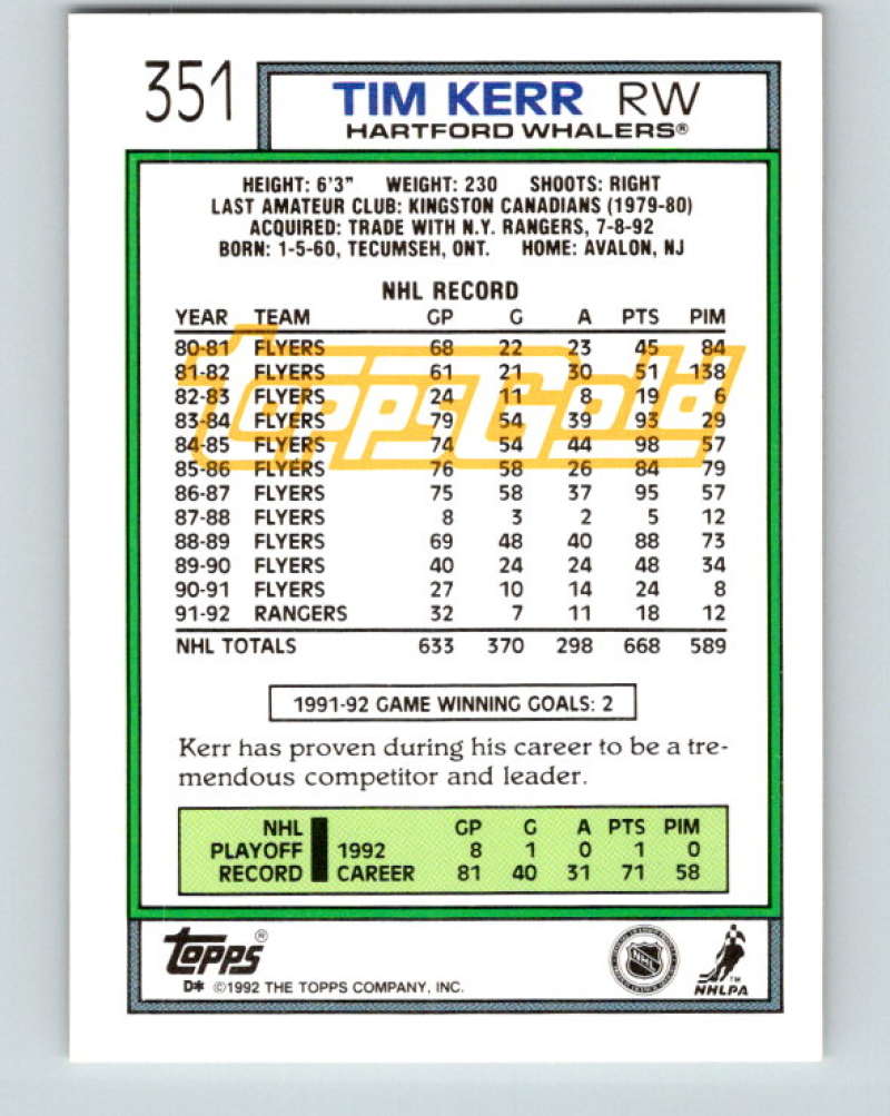 1992-93 Topps Gold #351G Tim Kerr Mint New York Rangers