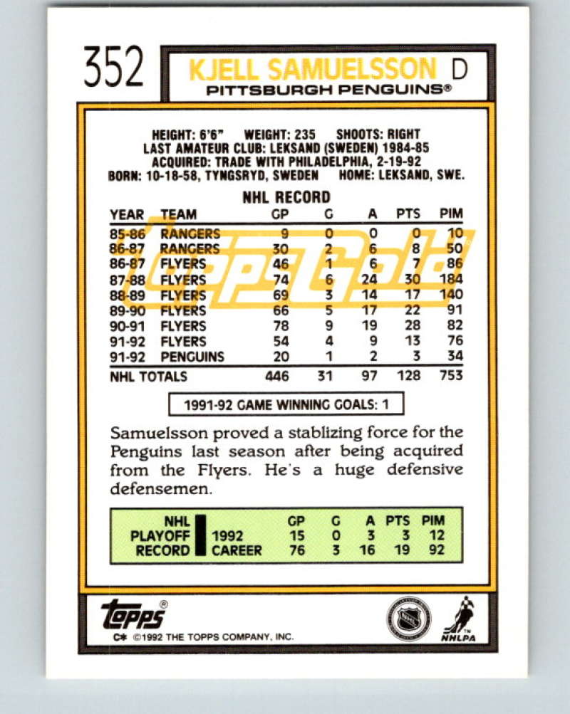 1992-93 Topps Gold #352G Kjell Samuelsson Mint Pittsburgh Penguins