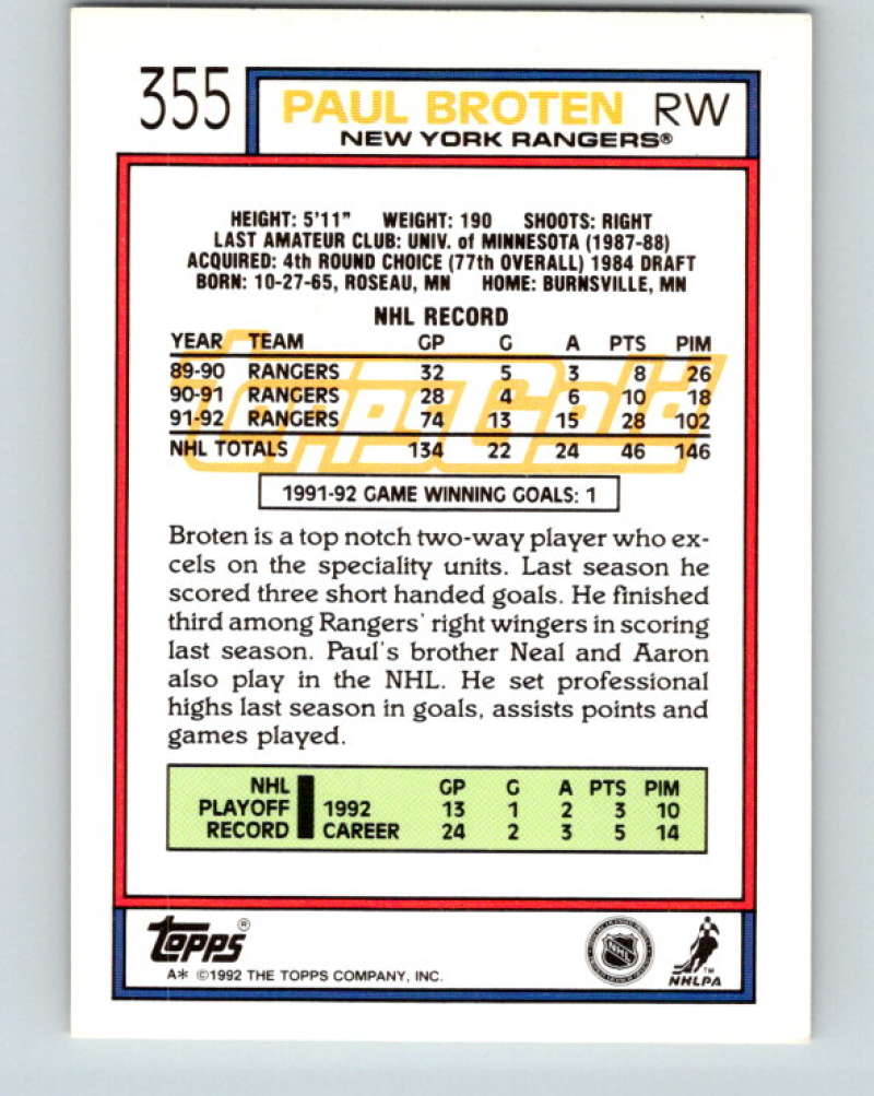 1992-93 Topps Gold #355G Paul Broten Mint New York Rangers