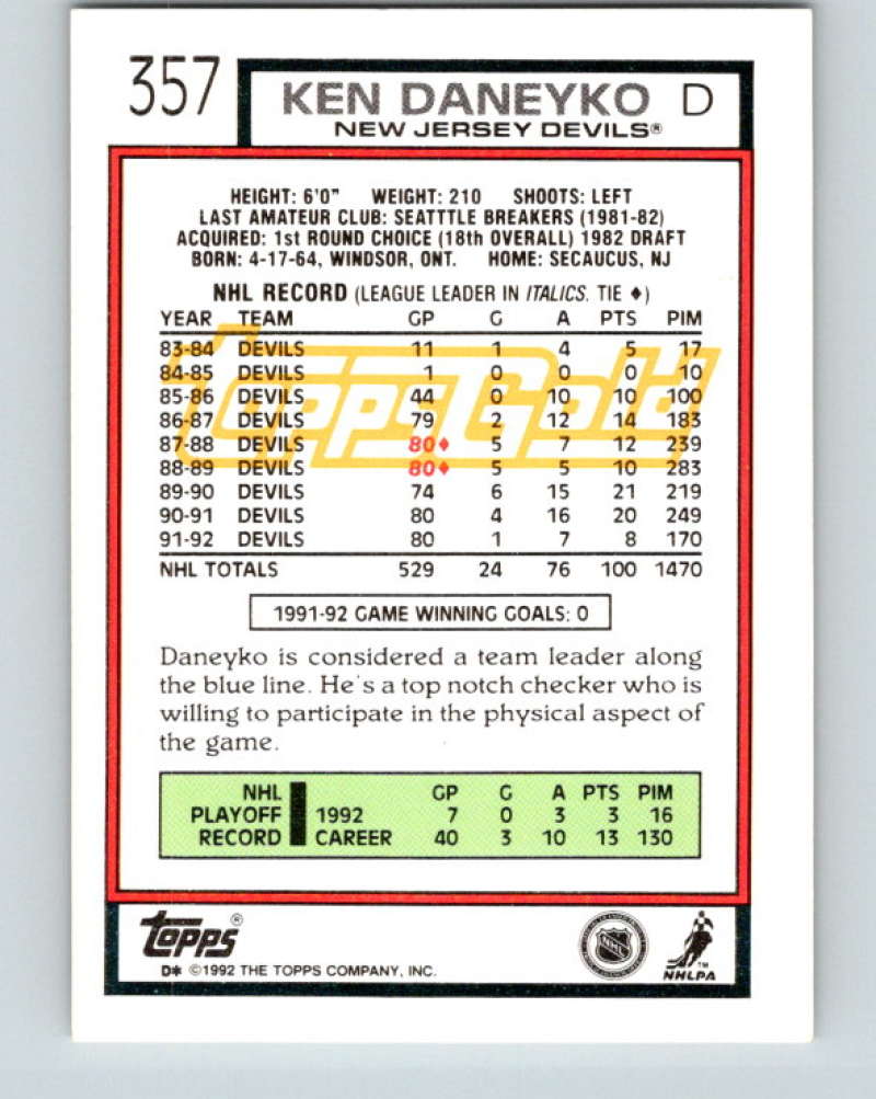 1992-93 Topps Gold #357G Ken Daneyko Mint New Jersey Devils