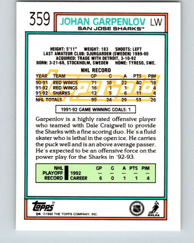 1992-93 Topps Gold #359G Johan Garpenlov Mint San Jose Sharks