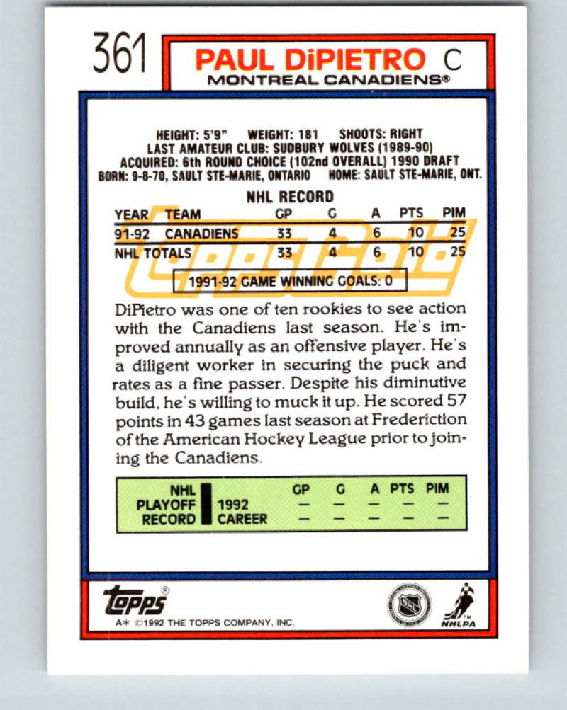1992-93 Topps Gold #361G Paul DiPietro Mint Montreal Canadiens