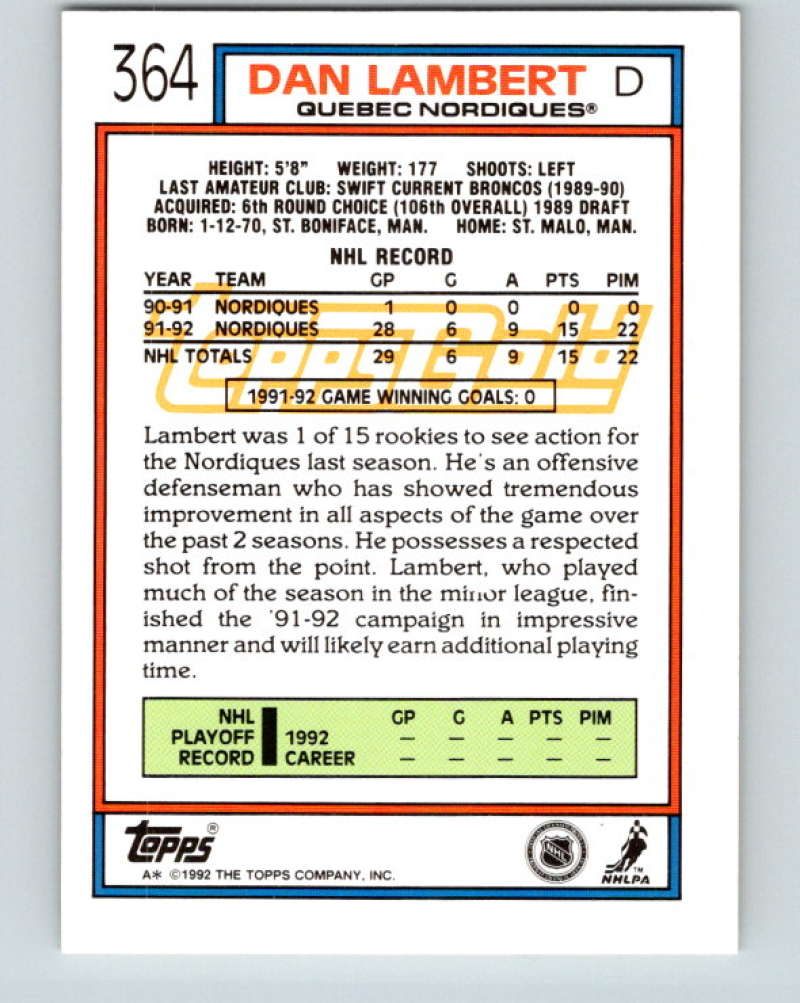 1992-93 Topps Gold #364G Dan Lambert Mint Quebec Nordiques