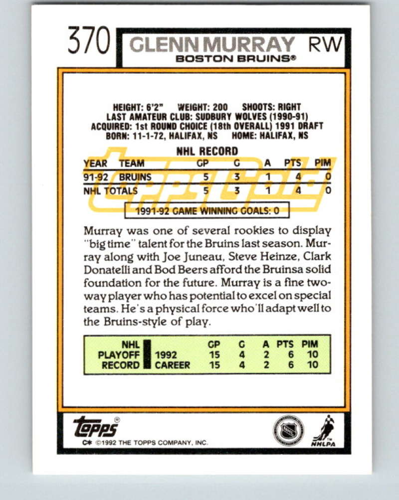 1992-93 Topps Gold #370G Glen Murray UER Mint Boston Bruins Image 2