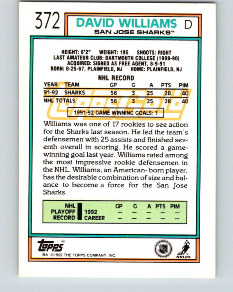 1992-93 Topps Gold #372G David Williams Mint San Jose Sharks