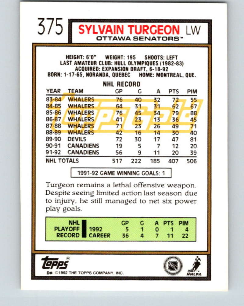 1992-93 Topps Gold #375G Sylvain Turgeon Mint Ottawa Senators Image 2