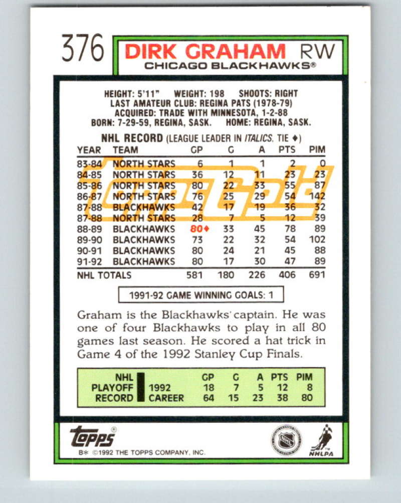 1992-93 Topps Gold #376G Dirk Graham Mint Chicago Blackhawks