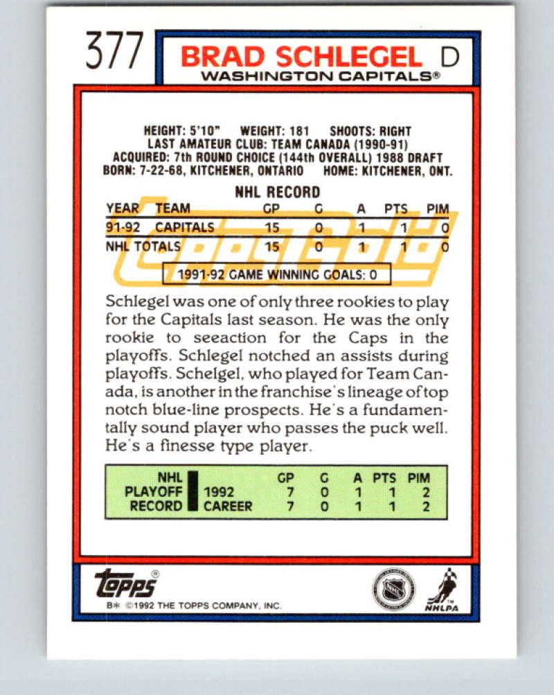 1992-93 Topps Gold #377G Brad Schlegel Mint Washington Capitals
