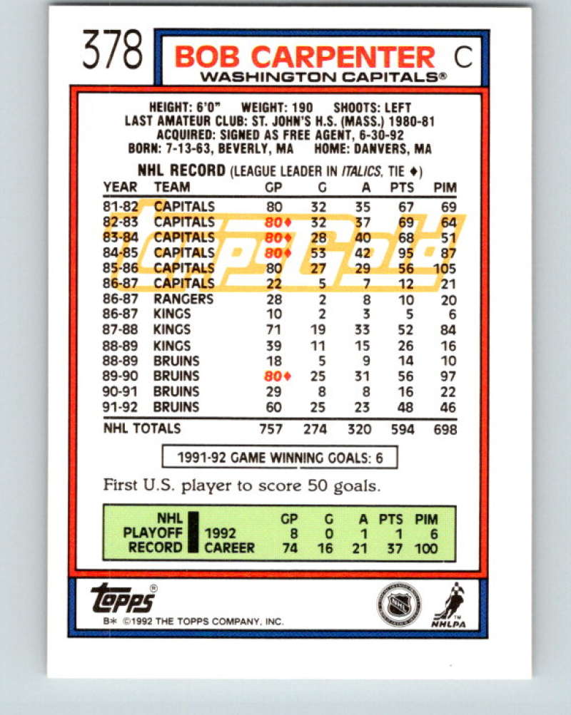 1992-93 Topps Gold #378G Bob Carpenter Mint Boston Bruins