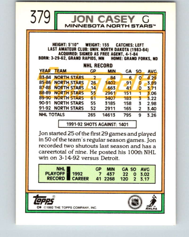 1992-93 Topps Gold #379G Jon Casey Mint Minnesota North Stars Image 2