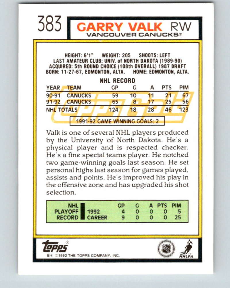1992-93 Topps Gold #383G Garry Valk Mint Vancouver Canucks