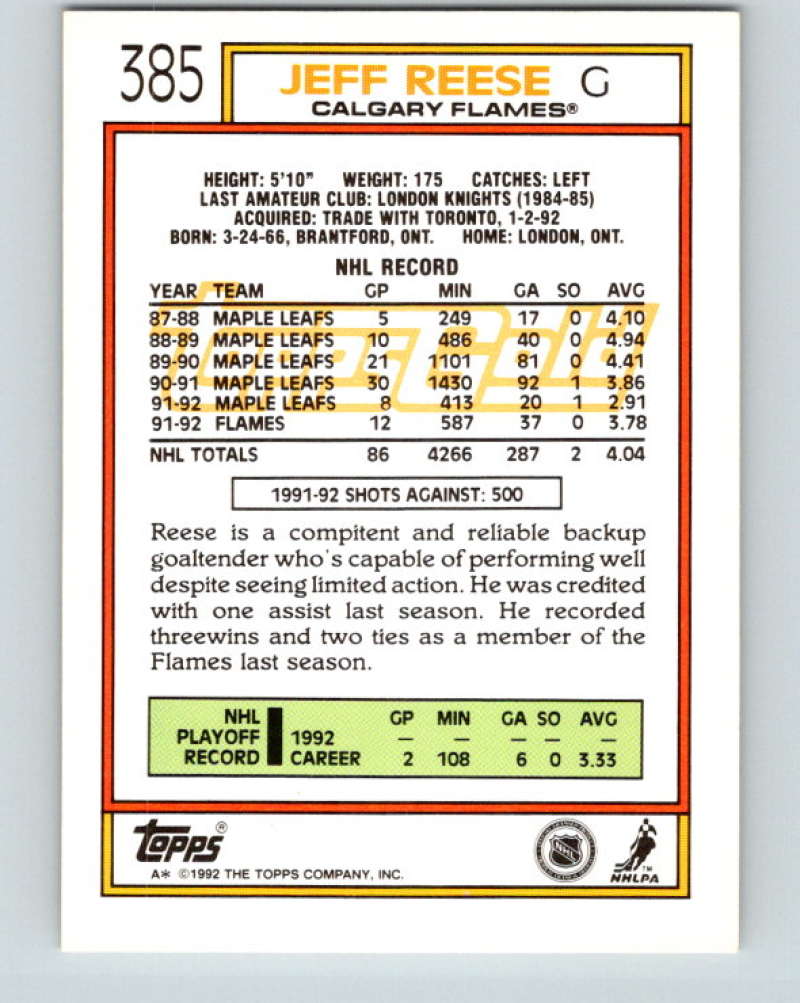 1992-93 Topps Gold #385G Jeff Reese Mint Calgary Flames Image 2