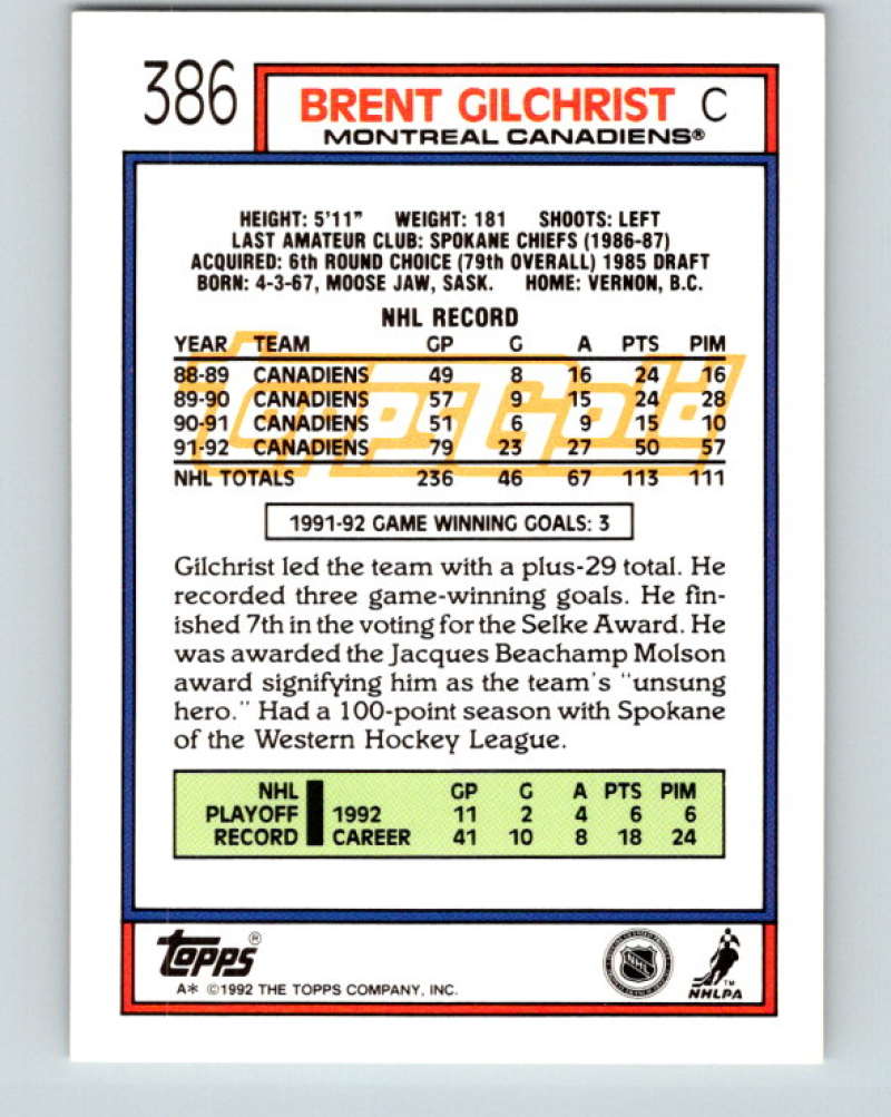 1992-93 Topps Gold #386G Brent Gilchrist Mint Montreal Canadiens