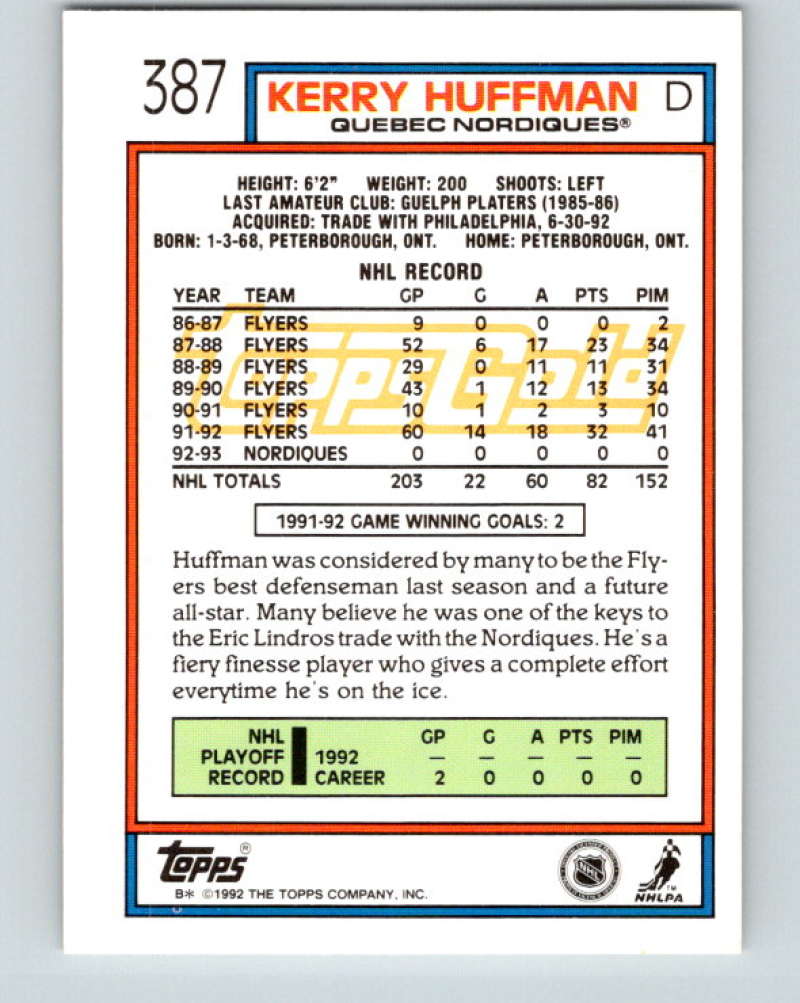1992-93 Topps Gold #387G Kerry Huffman Mint Quebec Nordiques Image 2