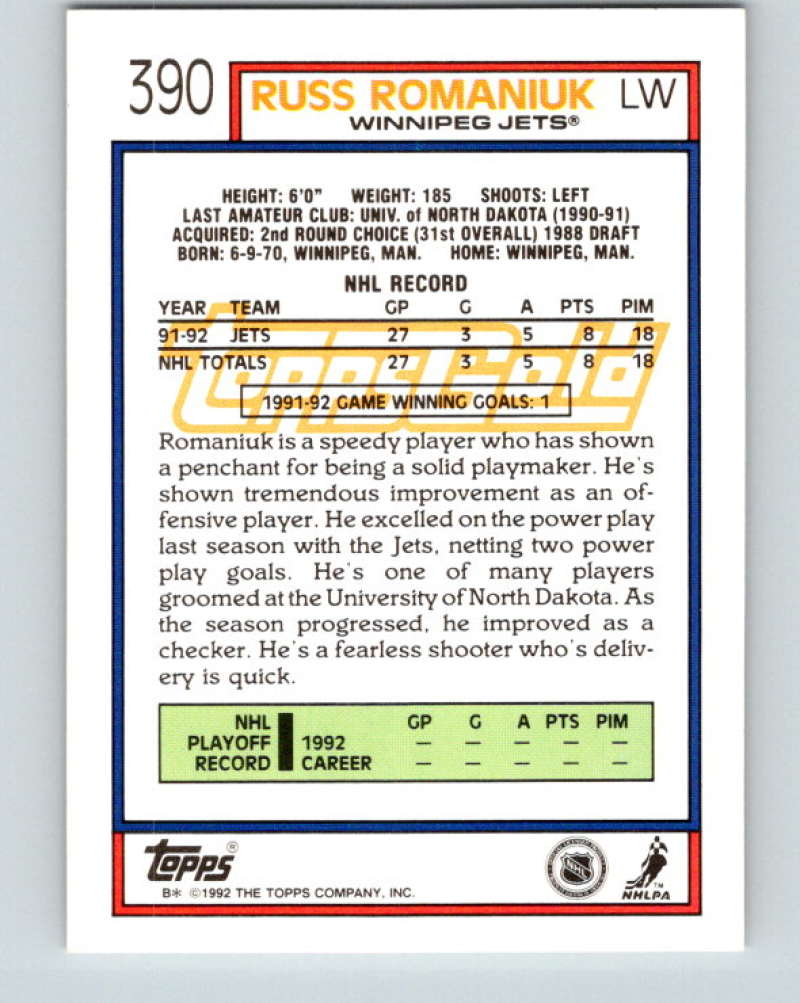 1992-93 Topps Gold #390G Russ Romaniuk Mint Winnipeg Jets Image 2