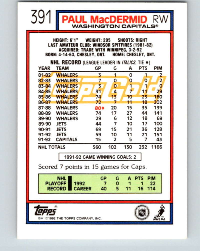 1992-93 Topps Gold #391G Paul MacDermid Mint Washington Capitals Image 2